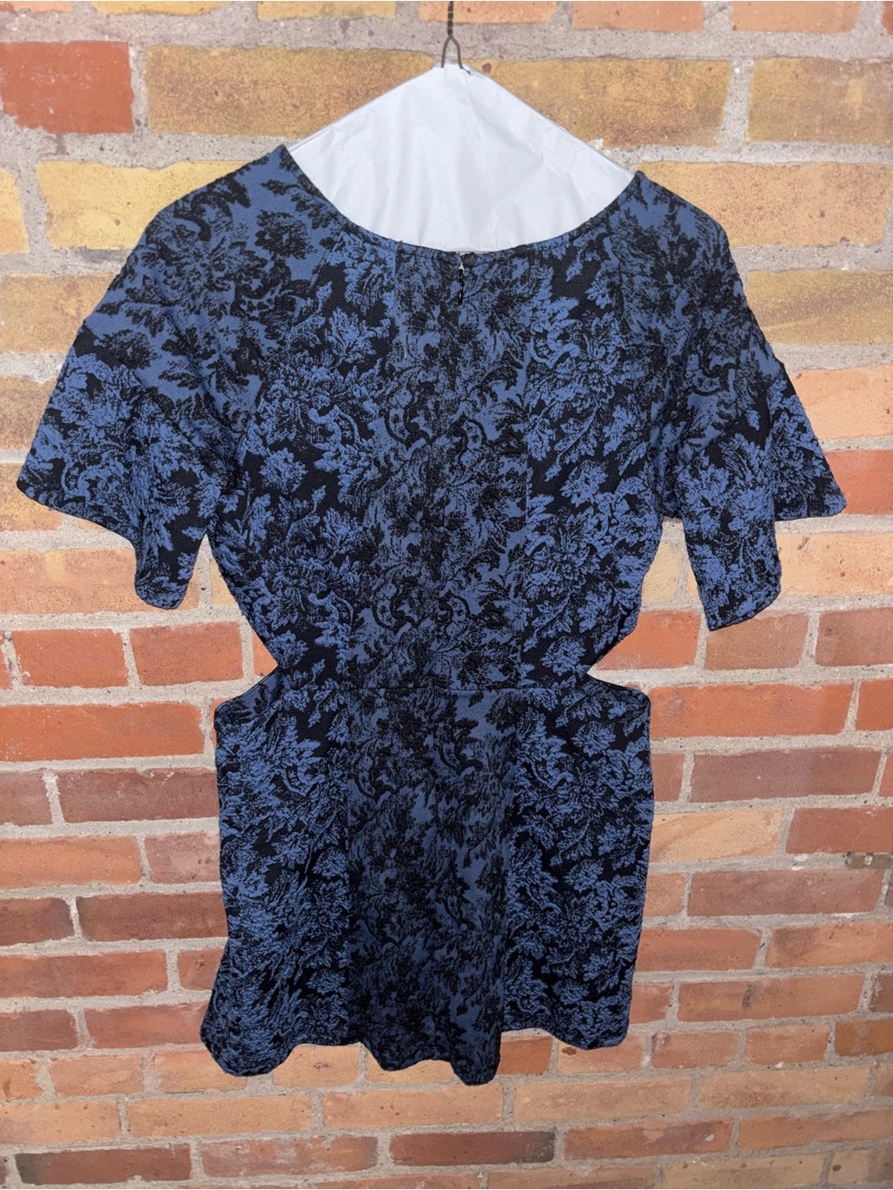 Anthropologie Blue and Black Floral Jacquard Cut Out Mini Dress - Picture 2 of 3